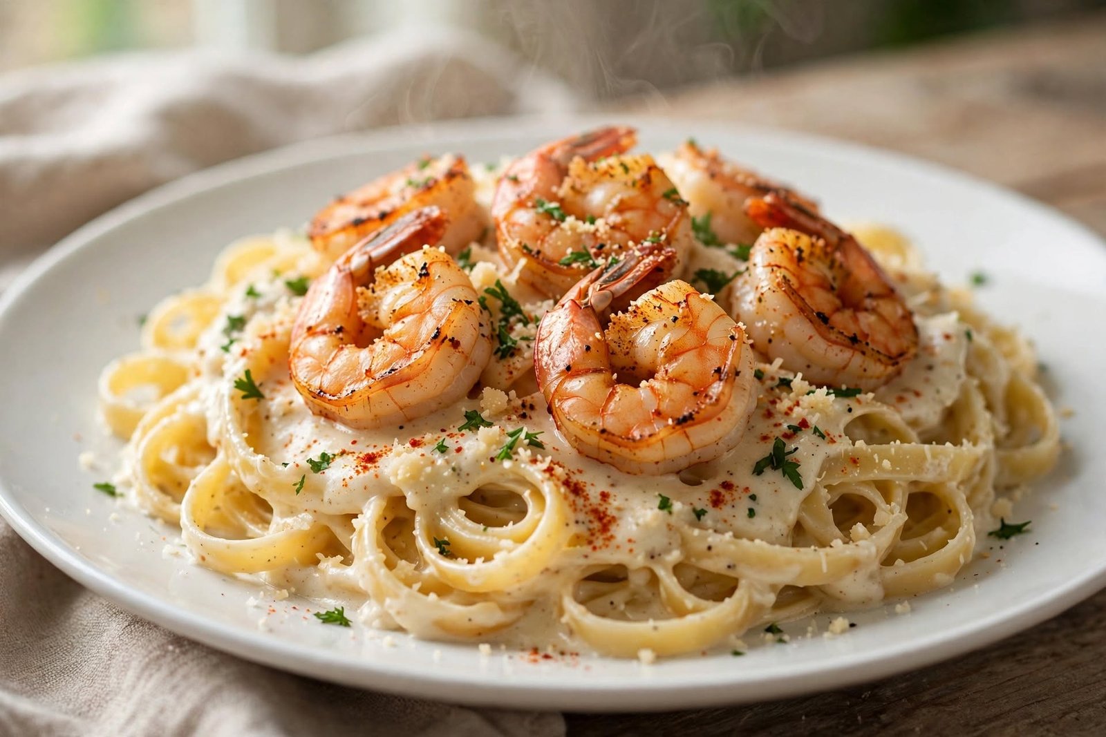 Cajun-style shrimp alfredo pasta with visible spice seasoning.