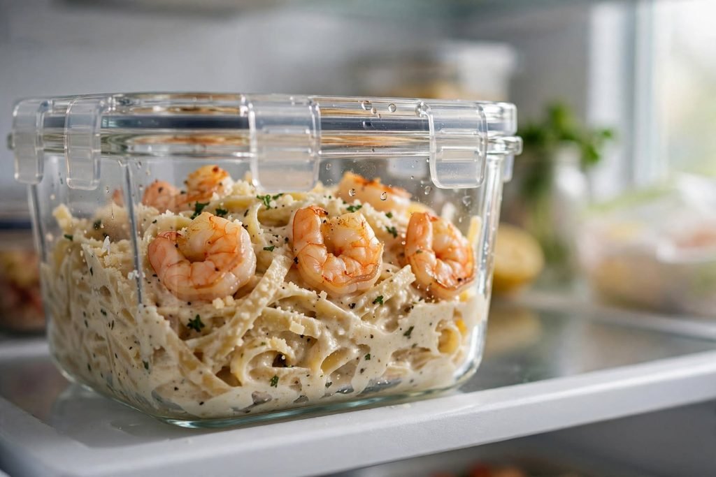 Shrimp alfredo pasta stored in a glass container for leftovers.