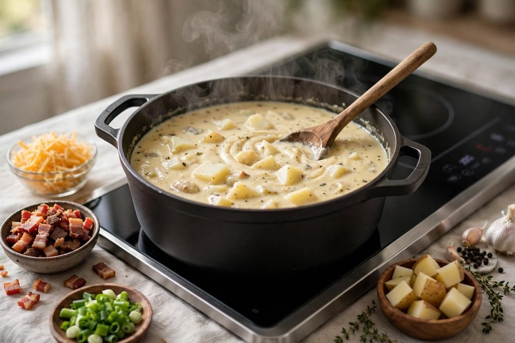 A pot of creamy loaded potato soup being stirred, showing chunks of potato and steam rising.