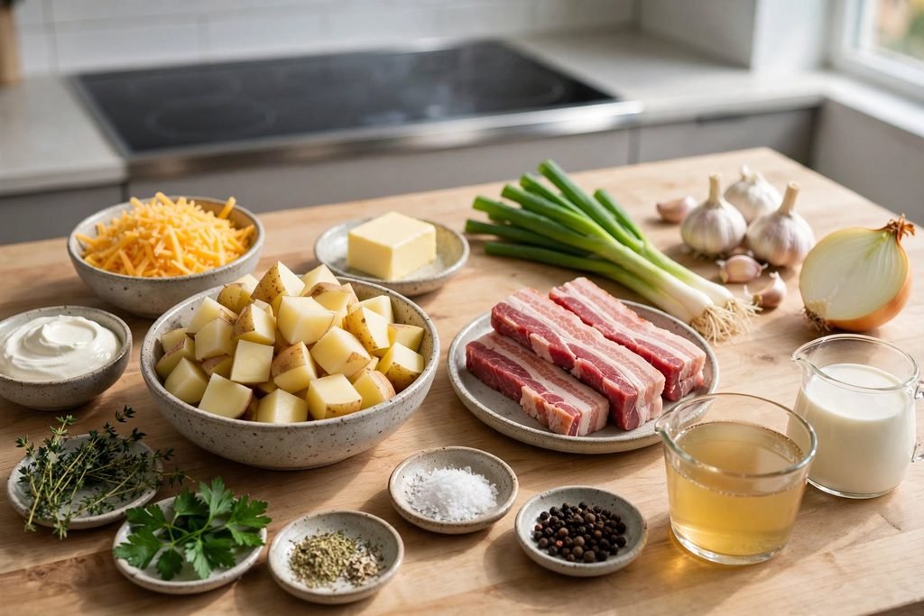 Fresh ingredients for loaded potato soup laid out on a wooden countertop.