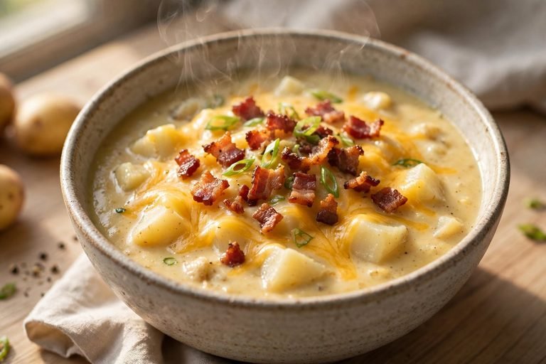 A close-up bowl of loaded potato soup topped with cheese, beef bacon, and green onions.