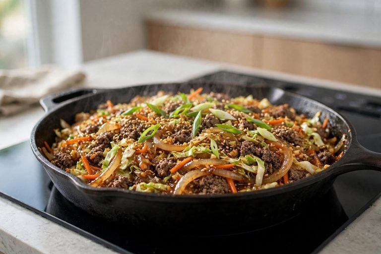 A skillet of egg roll in a bowl with ground beef, cabbage, and sesame seed garnish