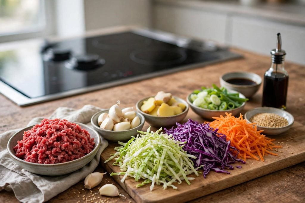 Ingredients for egg roll in a bowl including ground beef, cabbage mix, garlic, and ginger