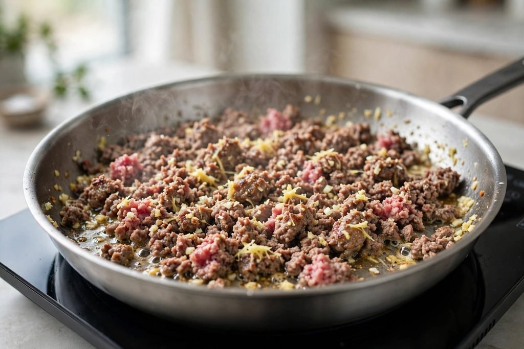 Ground beef browning in a skillet with garlic and ginger for egg roll in a bowl