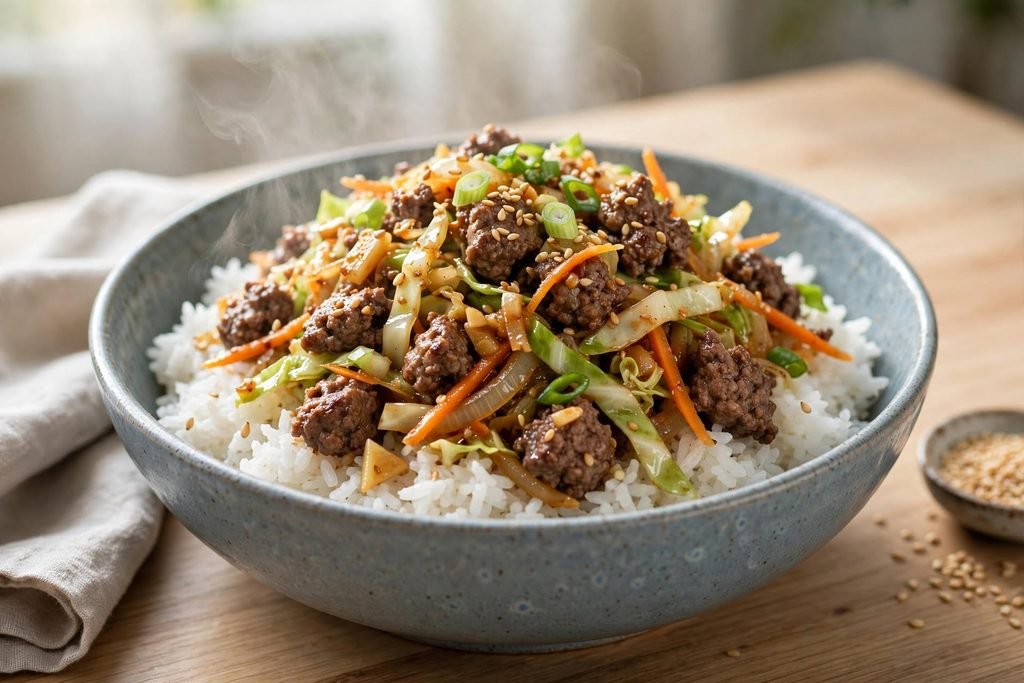 Egg roll in a bowl served over steamed white rice with sesame seeds and green onion