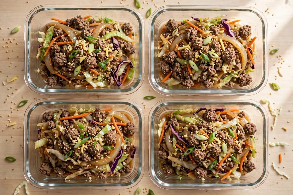 Egg roll in a bowl divided into glass meal prep containers