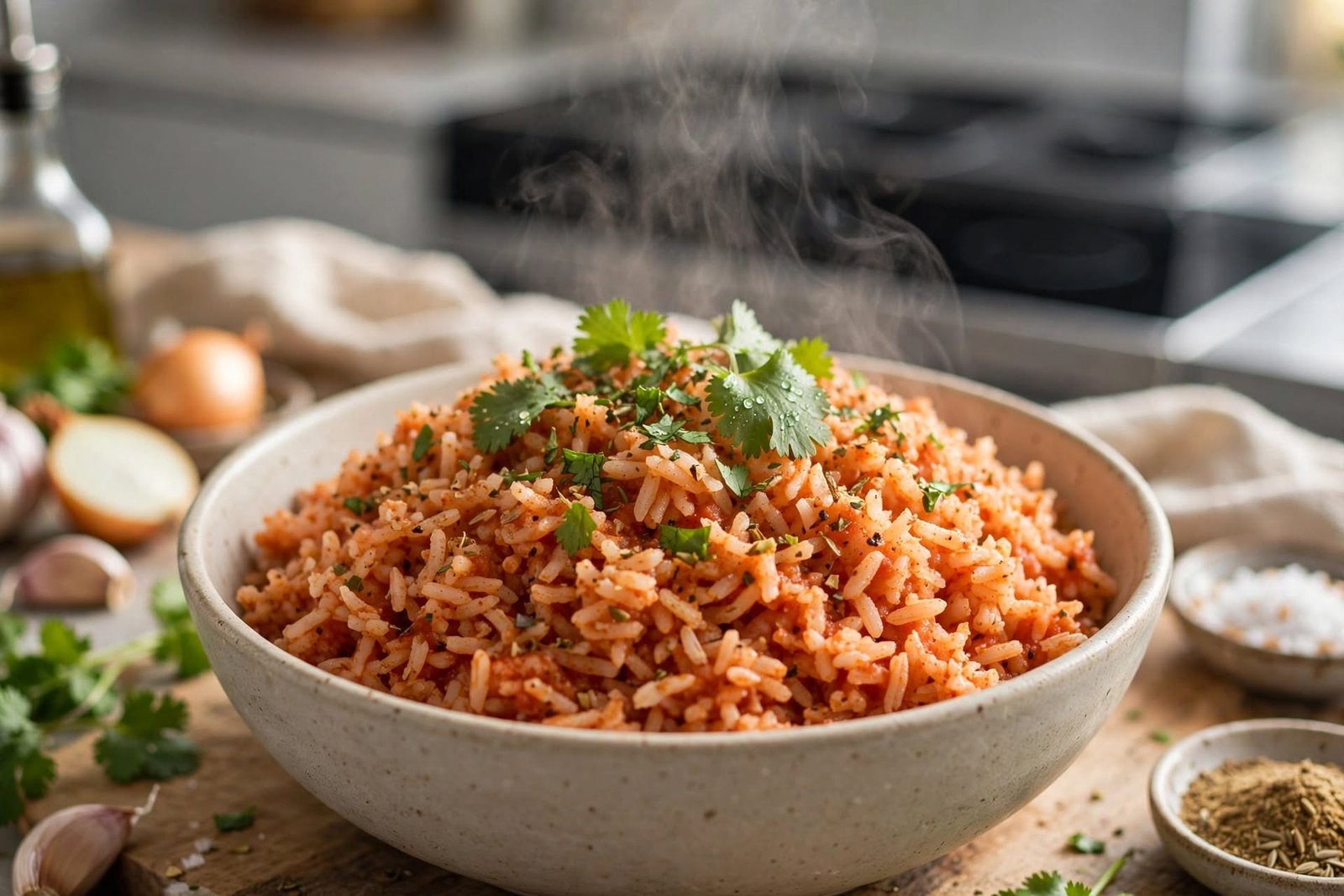 A bowl of fluffy Spanish rice garnished with fresh cilantro