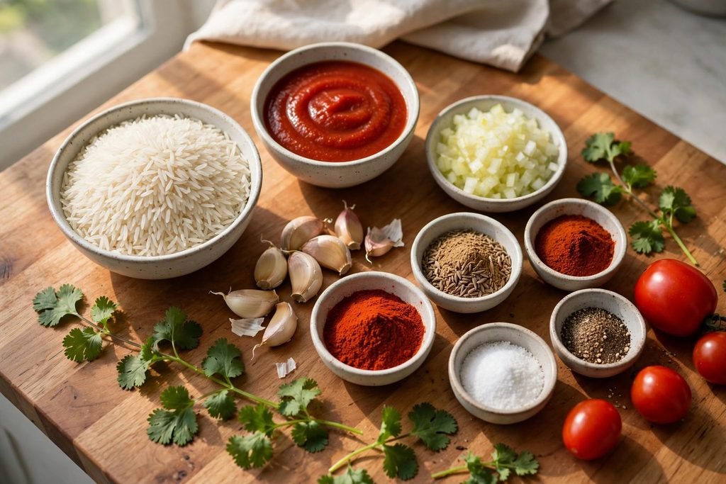 Ingredients for Spanish rice arranged on a countertop including rice, tomato sauce, onion, and spices