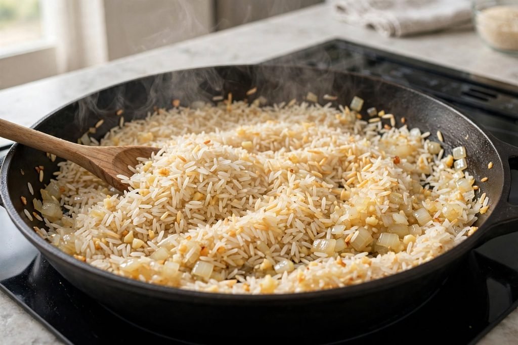 Rice being toasted with onion and garlic in a skillet