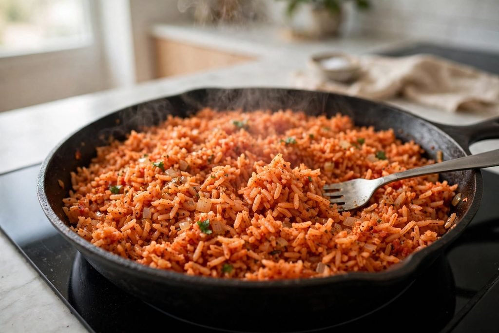 Fork fluffing cooked Spanish rice in a skillet