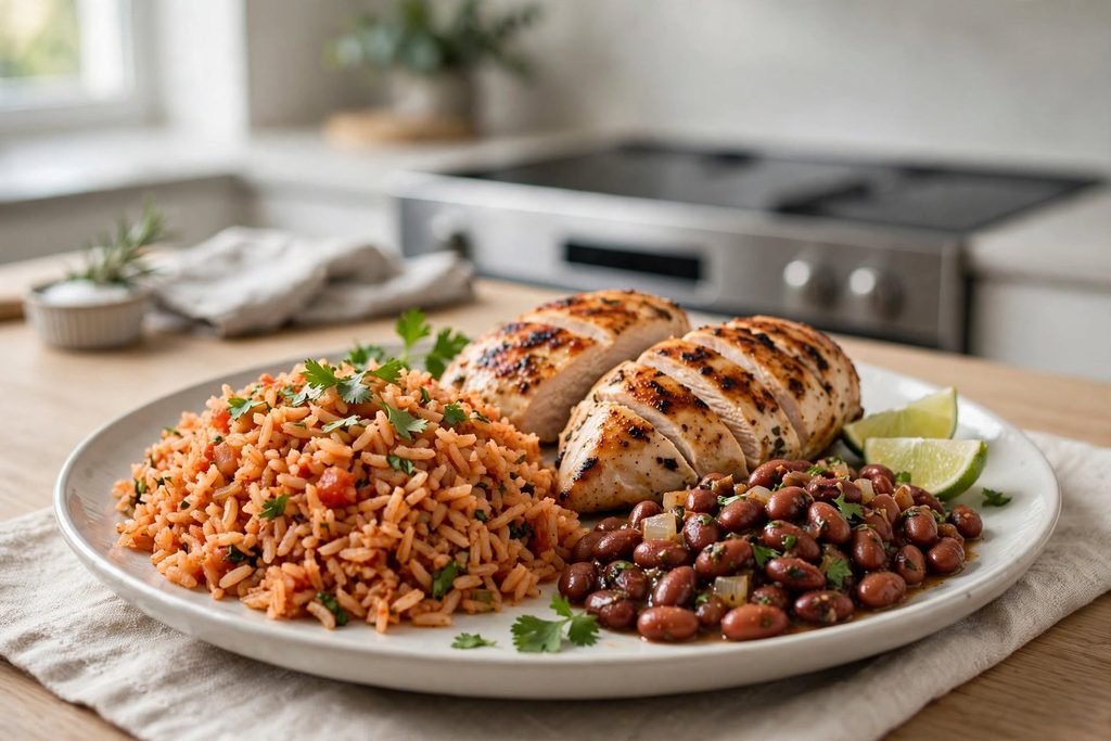 Spanish rice served on a plate with grilled chicken and beans