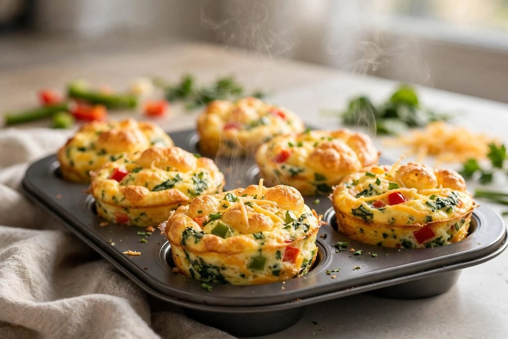 Fluffy golden egg bites baking in a muffin tin