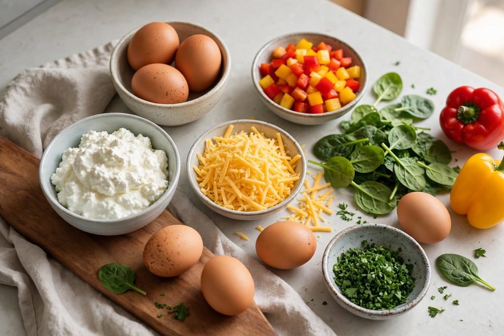 Fresh ingredients for egg bites including eggs, cottage cheese, and vegetables