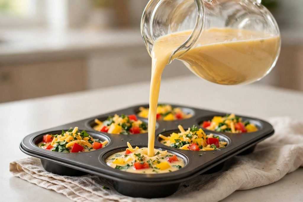 Egg mixture being poured into a muffin tin over vegetables and cheese