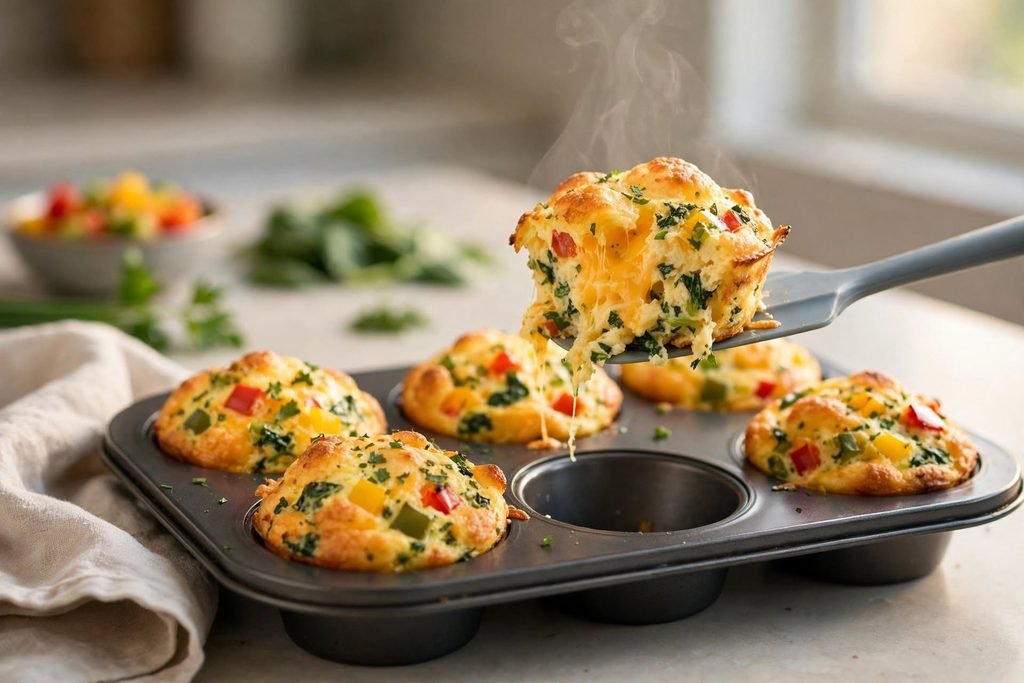 A fluffy egg bite being lifted out of a muffin tin with a spatula
