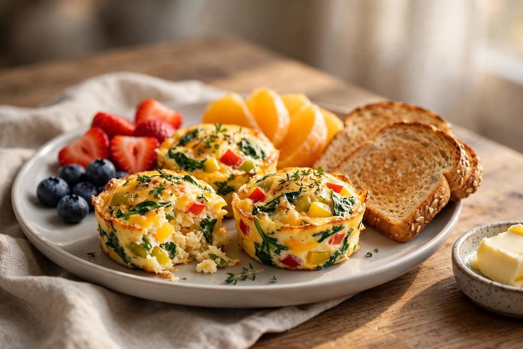 Egg bites served on a breakfast plate with fresh fruit and toast