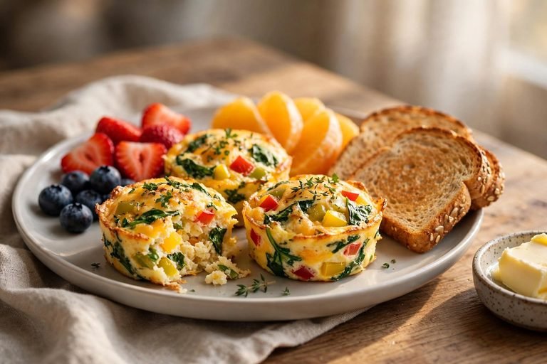 Egg bites served on a breakfast plate with fresh fruit and toast