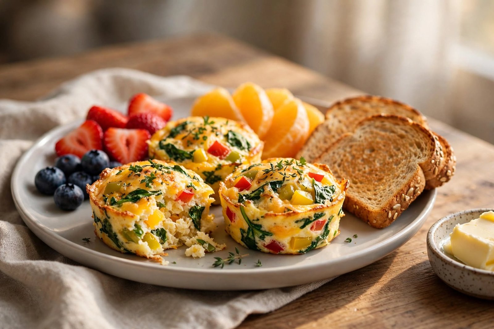 Egg bites served on a breakfast plate with fresh fruit and toast