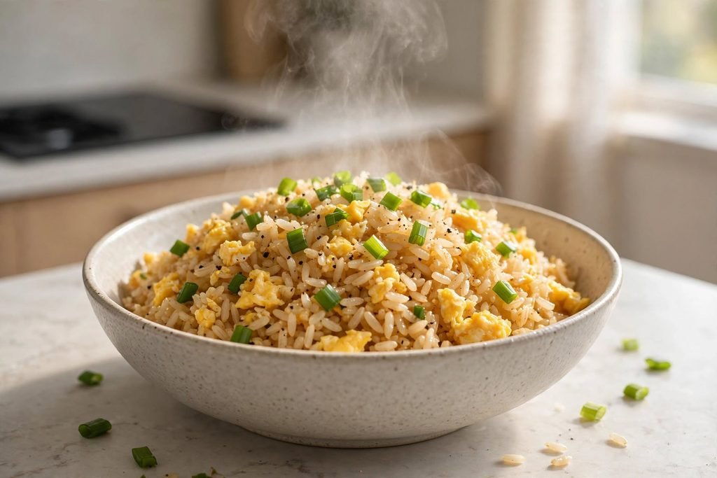 A bowl of egg fried rice with scrambled eggs and chopped scallions