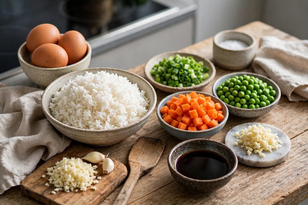 Ingredients for egg fried rice including rice, eggs, scallions, and soy sauce laid out on a counter