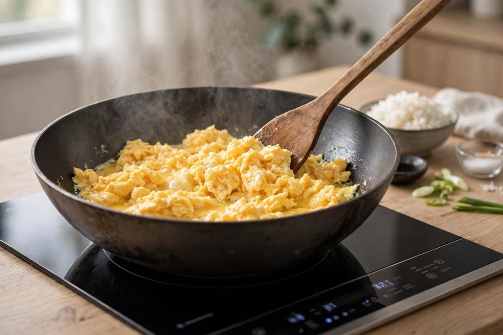 Soft scrambled eggs cooking in a wok for fried rice