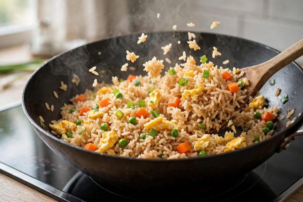 Rice and vegetables being stir-fried in a wok over high heat