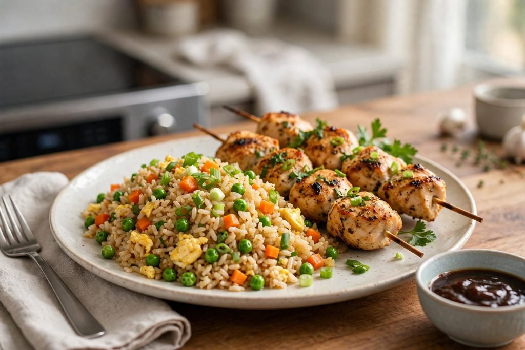 Egg fried rice served on a plate next to grilled chicken skewers
