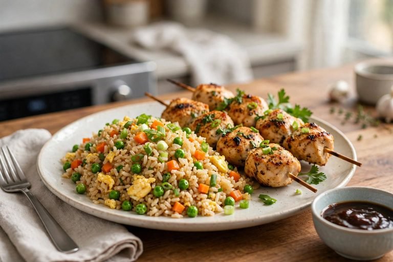 Egg fried rice served on a plate next to grilled chicken skewers