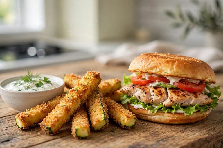 Crispy zucchini fries served as a side dish next to a grilled chicken sandwich and a bowl of yogurt dip.