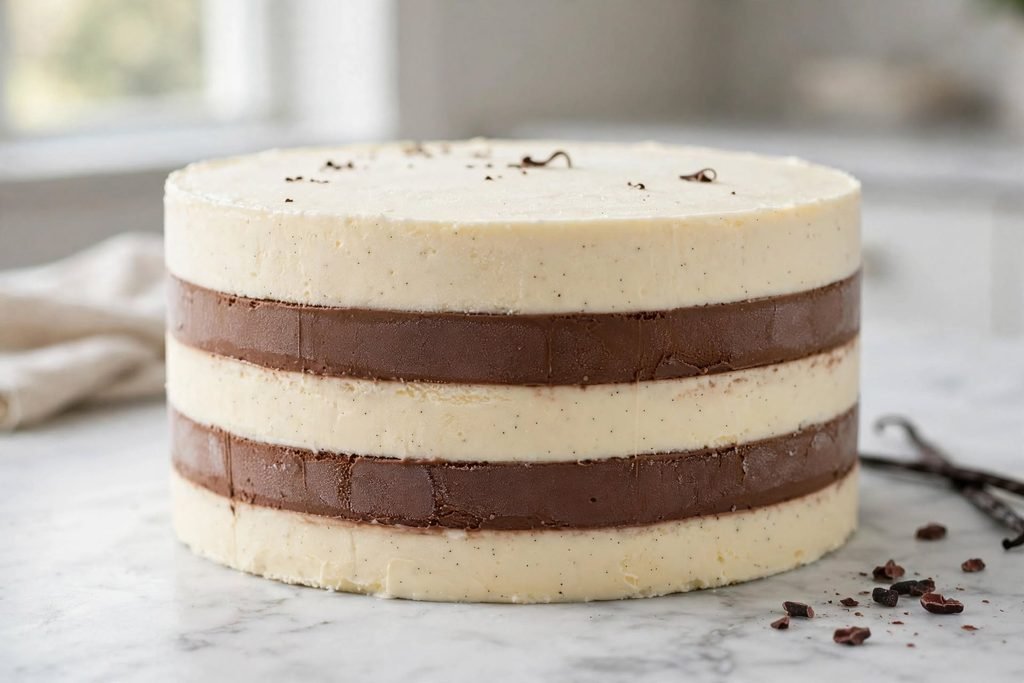 Springform pan filled with layered vanilla and chocolate ice cream before freezing