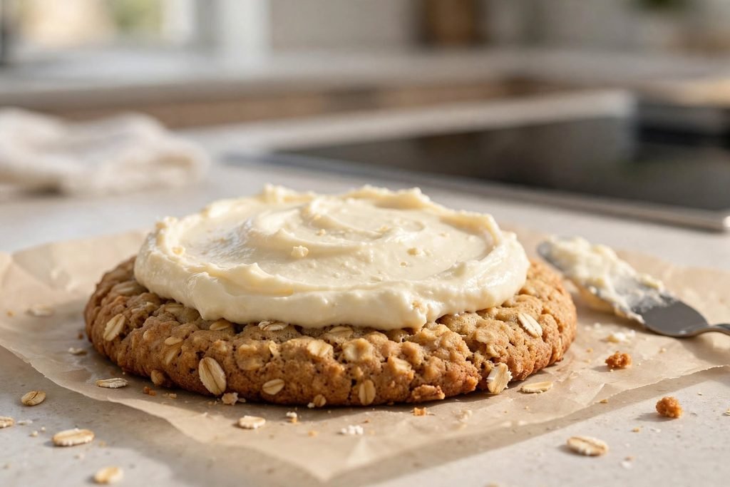 Cream filling being spread onto an oatmeal cookie before assembling