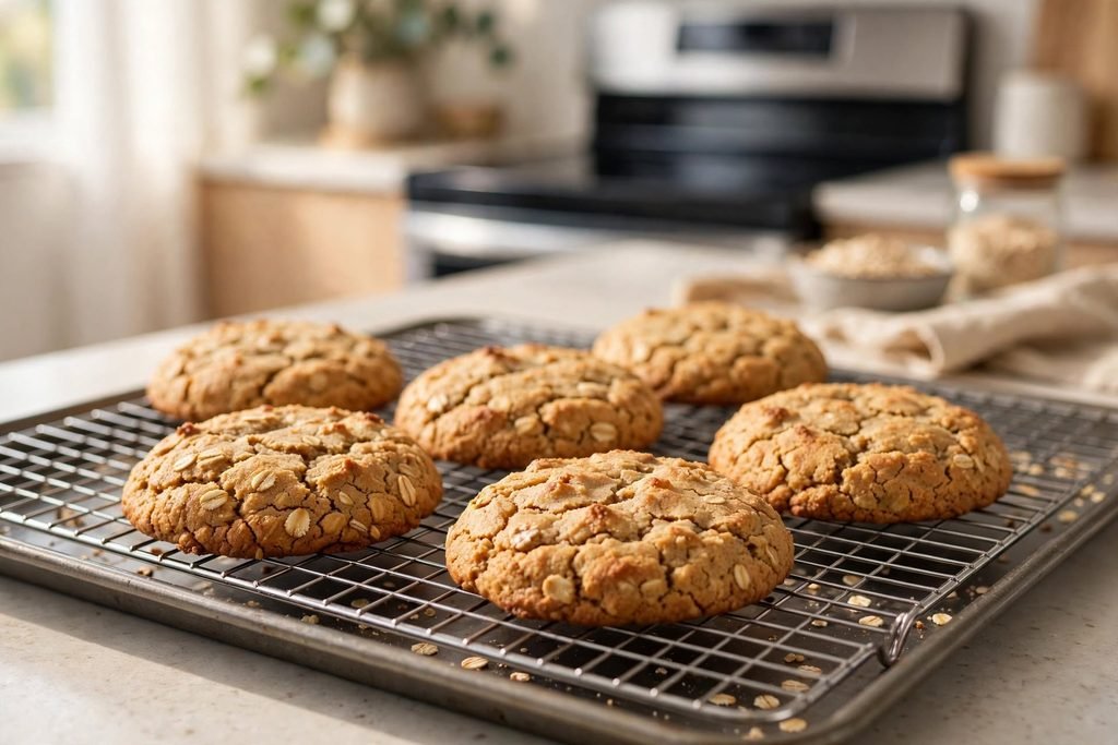 Freshly baked oatmeal cookies cooling on a wire rack