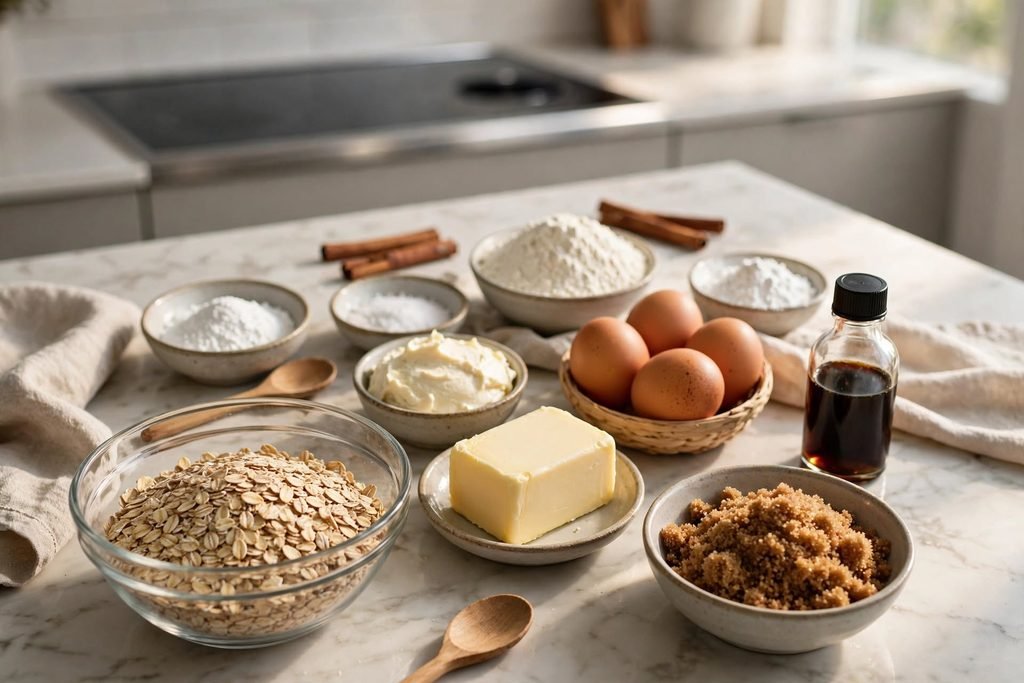 Ingredients for oatmeal cream pies including oats, brown sugar, butter, and eggs