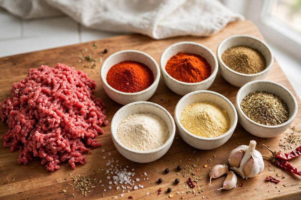 Ground beef and taco seasoning spices arranged on a countertop before cooking