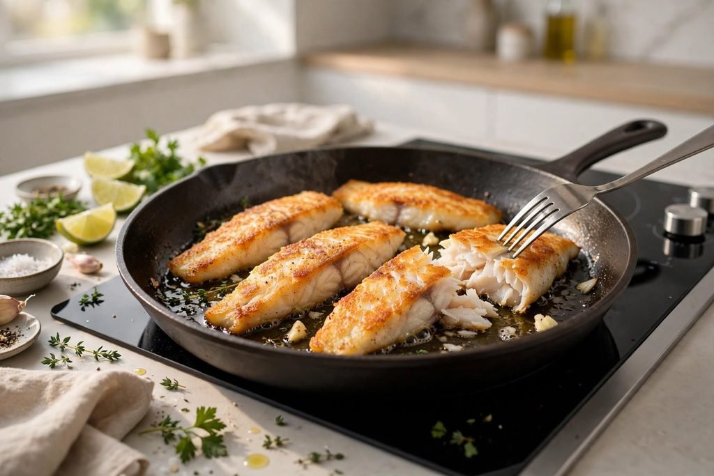 Golden pan-seared fish strips cooking in a skillet.