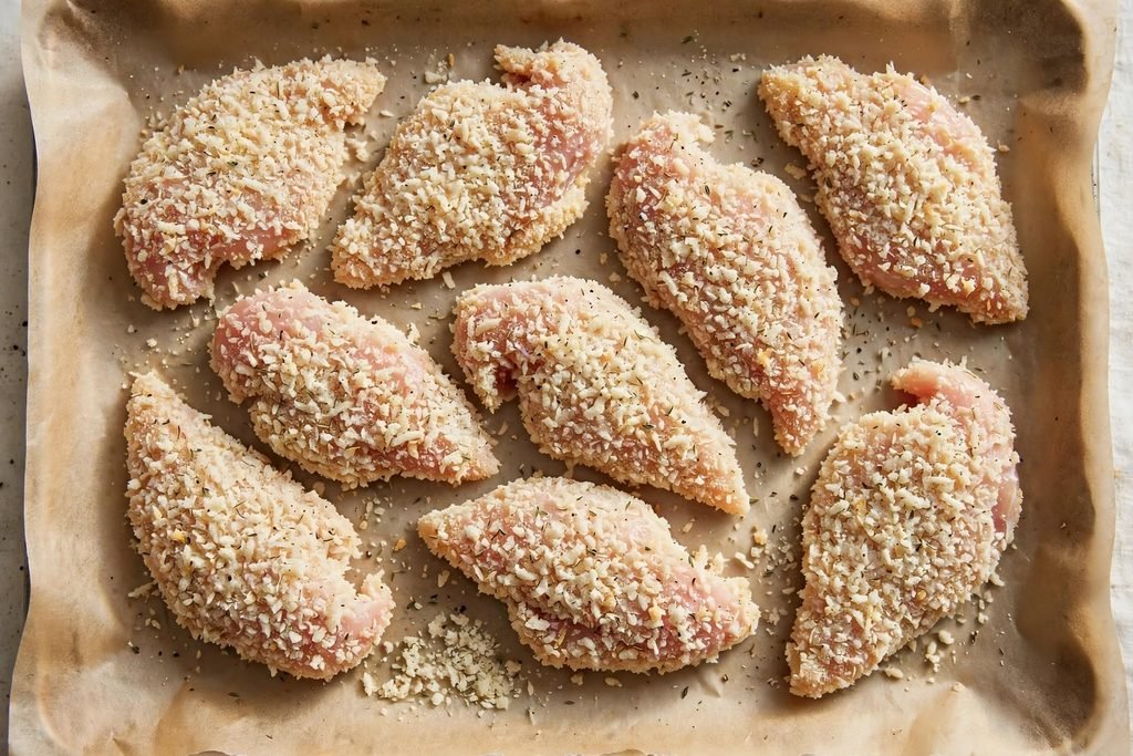 Panko-breaded raw chicken pieces arranged on a tray before frying