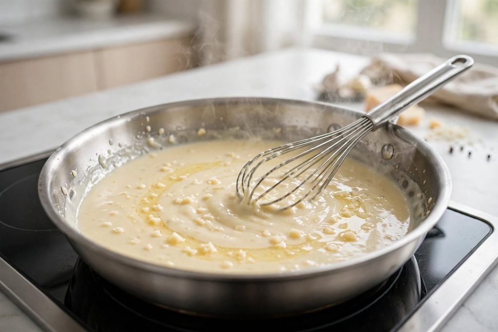 Creamy parmesan sauce being whisked in a skillet with melted butter and garlic.