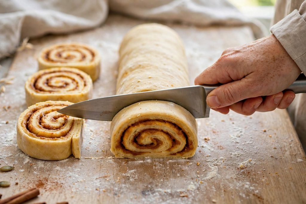 Pumpkin cinnamon roll dough log being sliced into rolls