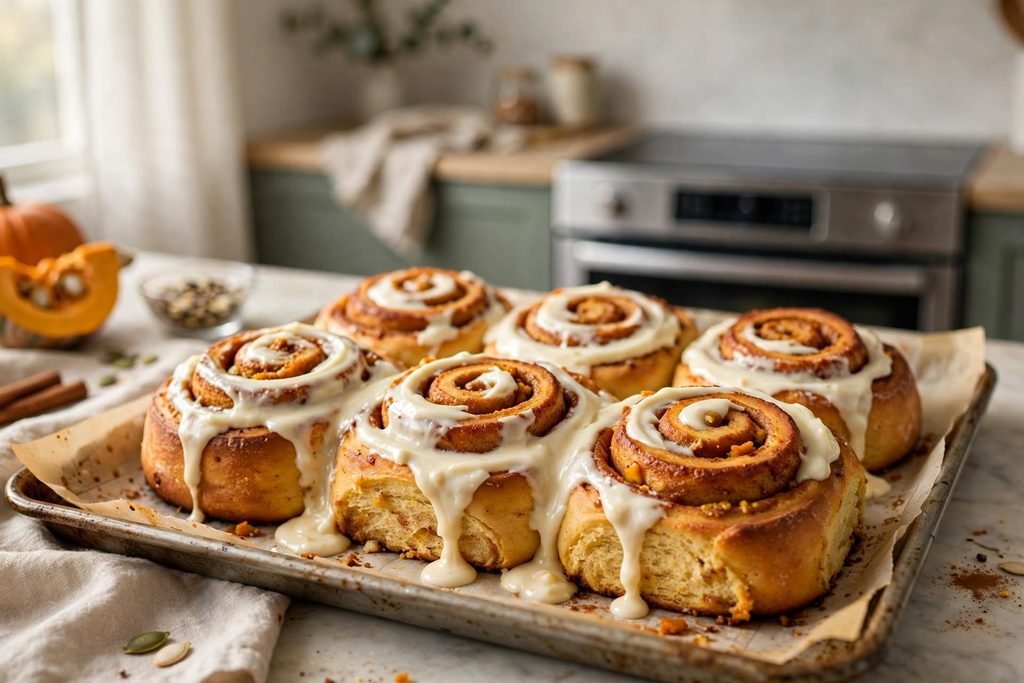Frosted pumpkin cinnamon rolls in a baking dish with cream cheese frosting dripping over the top