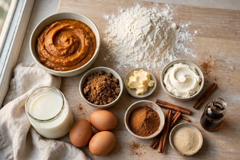 Ingredients for pumpkin cinnamon rolls including pumpkin puree, flour, and cinnamon