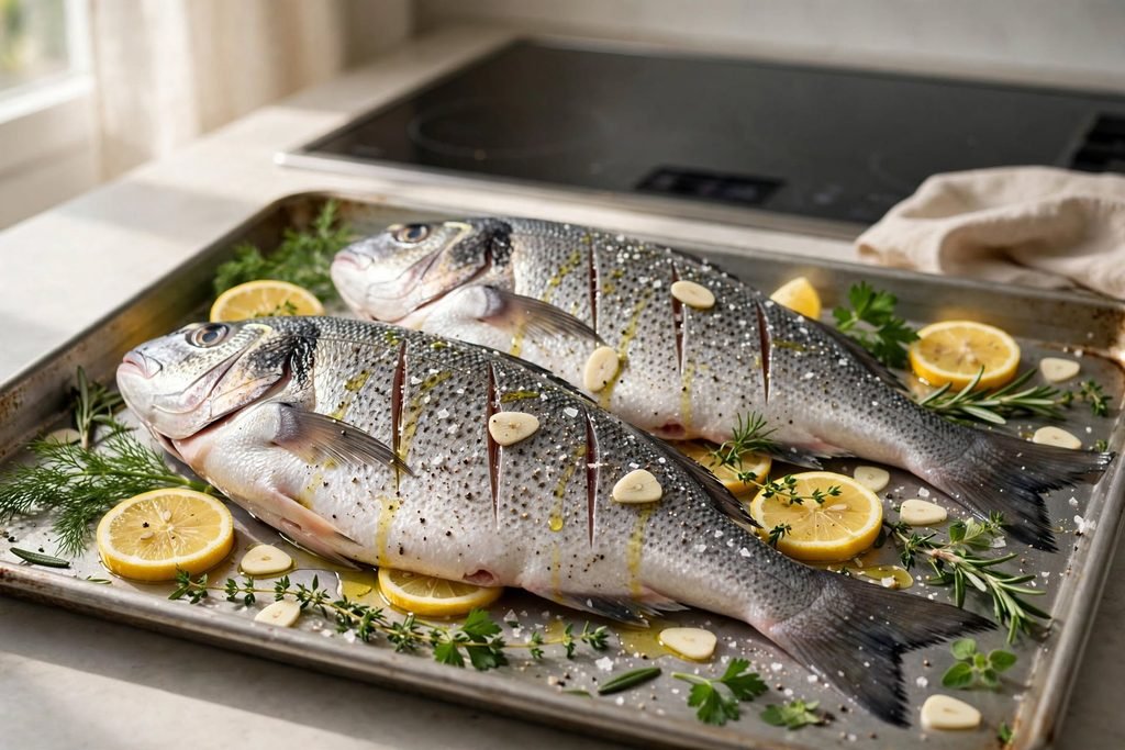 Raw branzino fish being seasoned with olive oil, garlic, and lemon on a sheet pan
