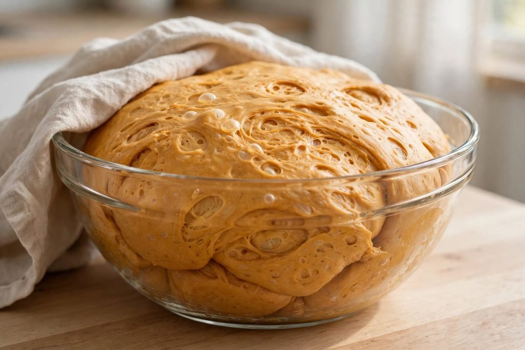 Pumpkin cinnamon roll dough risen and doubled in a glass bowl