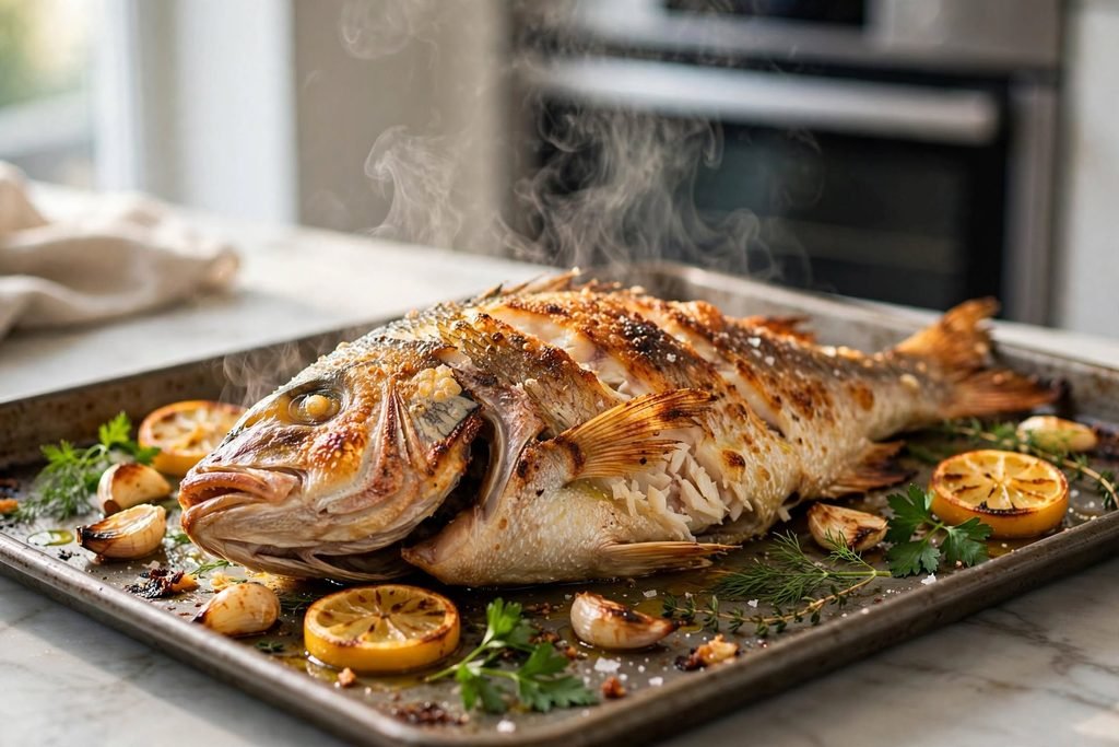 Golden crispy-skinned roasted branzino fresh out of the oven on a sheet pan