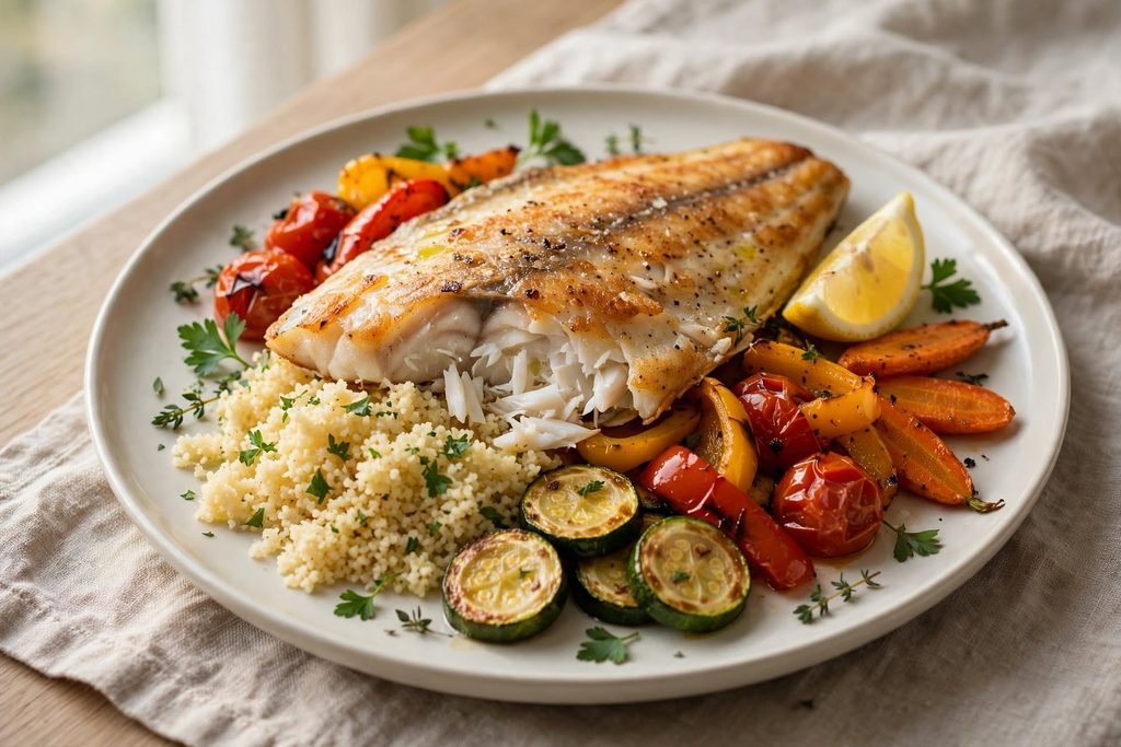 Plated branzino fillet served with roasted vegetables, couscous, and a lemon wedge