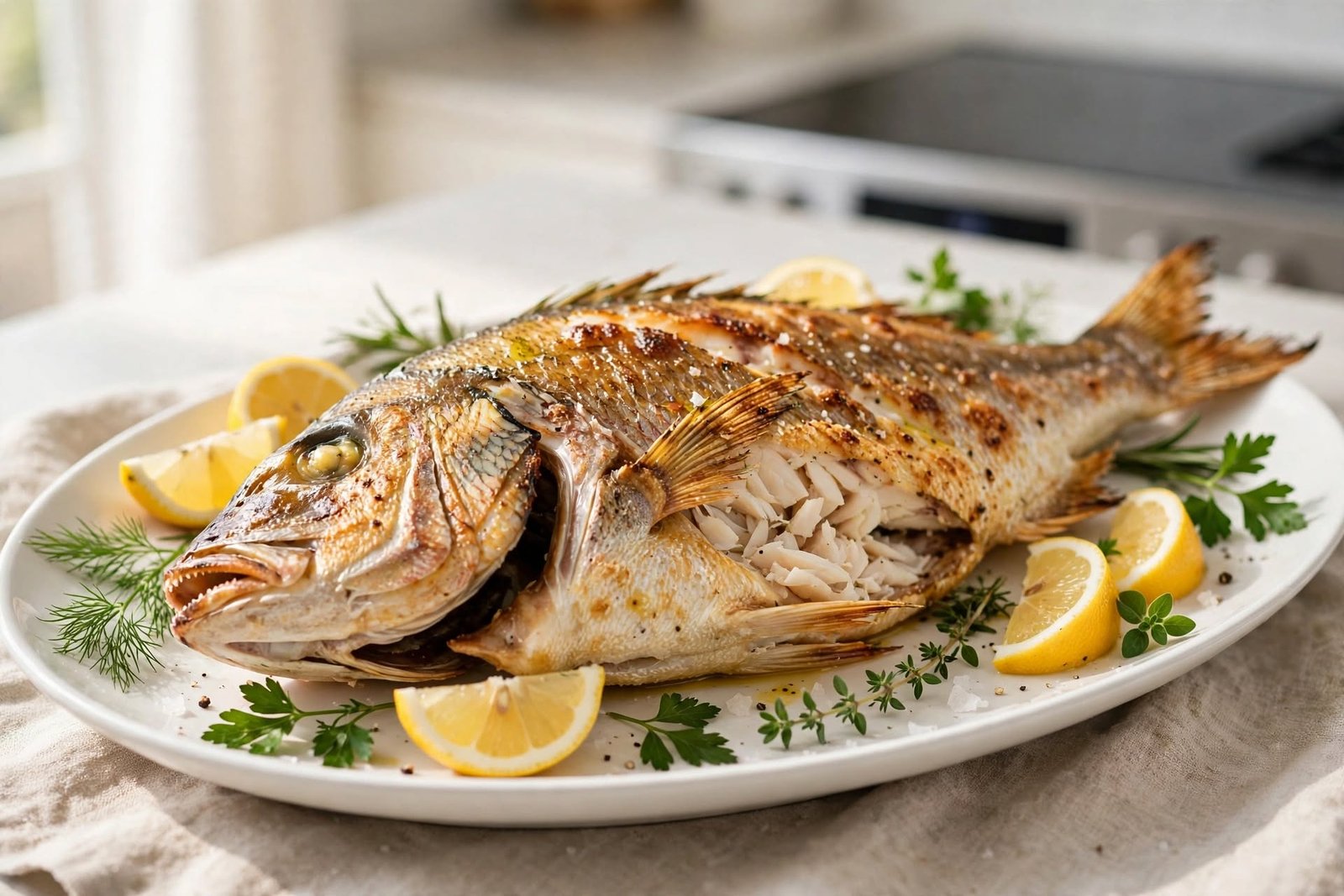 Whole roasted branzino fish garnished with lemon slices and fresh herbs on a white platter