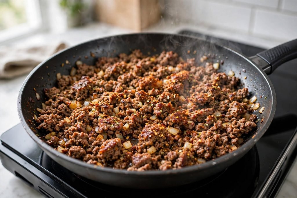 Ground beef and onions browning in a skillet for taco filling
