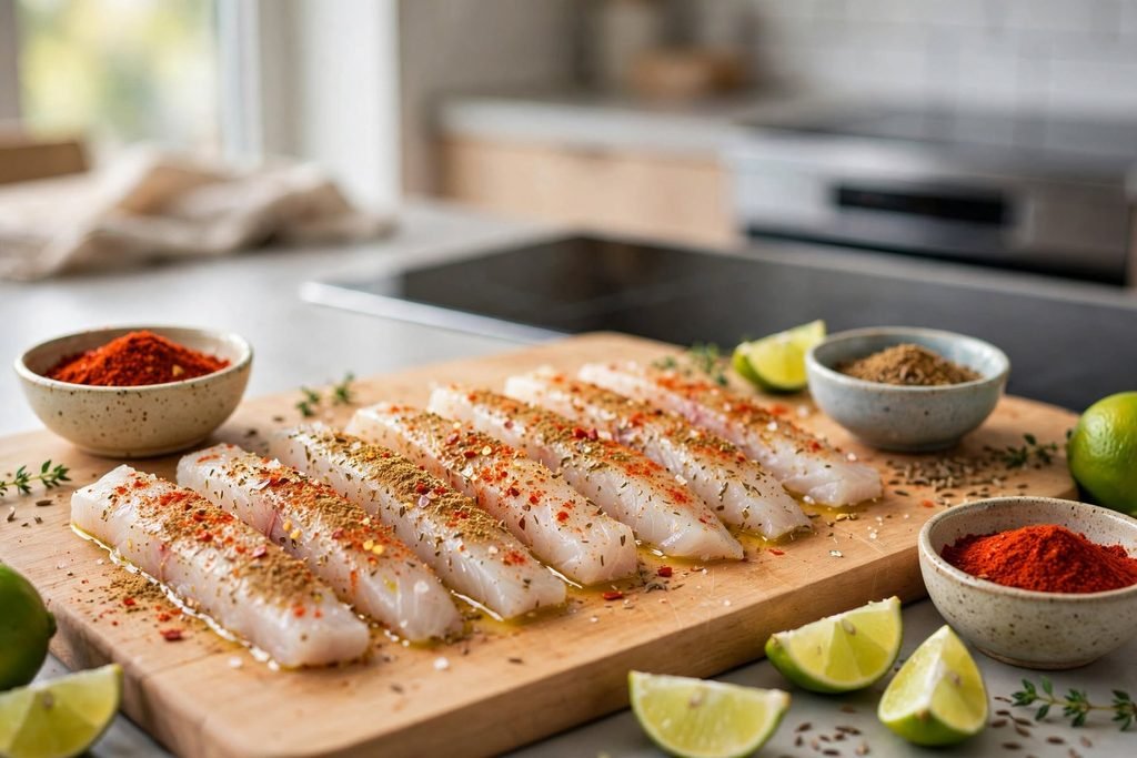 Seasoned raw white fish strips on a cutting board with spice bowls and lime wedges nearby.