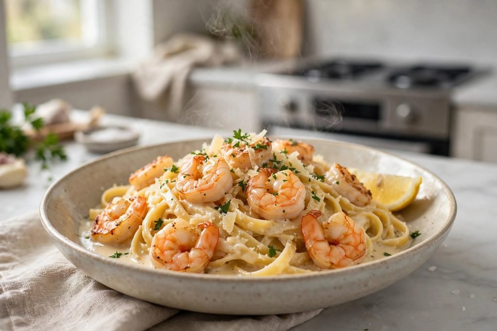 A plate of shrimp fettuccine in creamy sauce garnished with parsley and a lemon wedge.