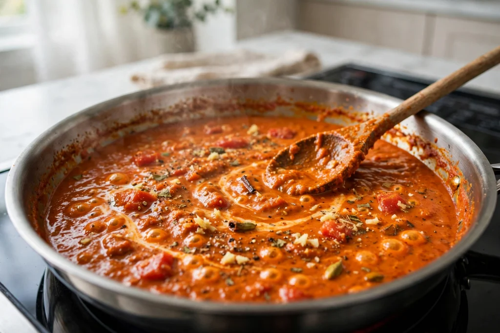 Thick tomato and spice sauce simmering in a skillet with a wooden spoon
