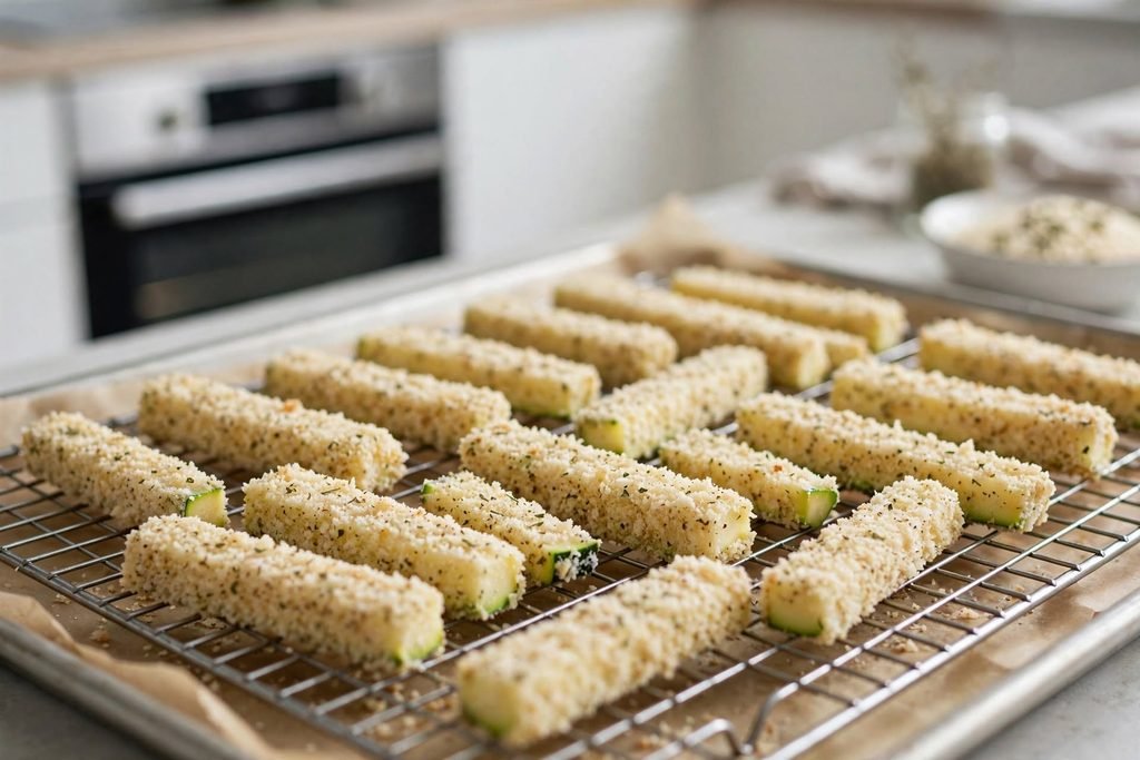 Breaded zucchini fries lined up on a wire rack ready to bake until golden and crisp.